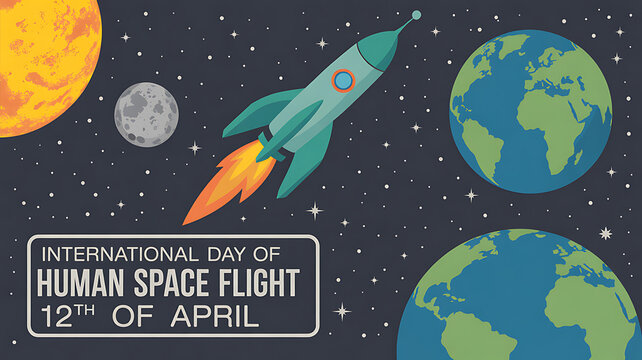 Retro flat design illustration of a teal rocket launching past Earth and the Moon towards the Sun, celebrating International Day of Human Space Flight on April 12.