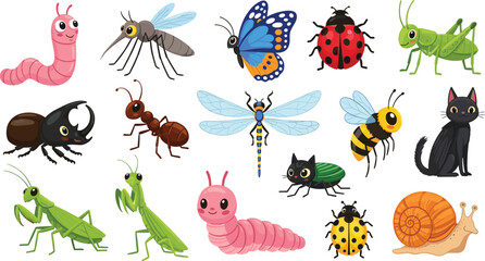 Cute garden insects and bugs vector set with various cartoon butterfly bee ladybug snail and caterpillar isolated on white background for kids © Aminul