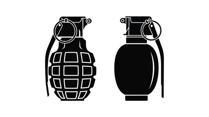 Two black grenades displayed side by side a stark silhouette