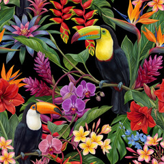 Seamless vector pattern with toucans and colorful tropical flowers isolated on a changeable background. © Anna