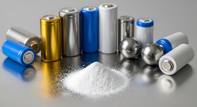 A diverse collection of cylindrical batteries and powder, reflecting on a metallic surface