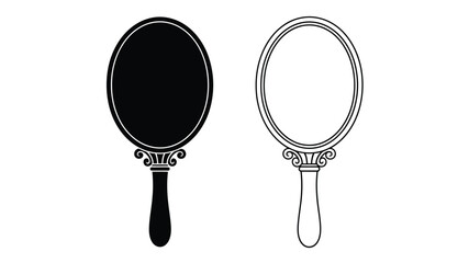 Two ornate handheld mirrors displayed in contrasting black and white silhouette © MD