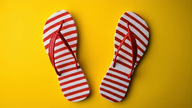 Red and white striped flip-flops on a bright yellow background