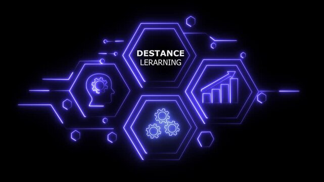 Distance Learning Technology Concept with Hexagonal Network and Neon Glow in Dark Background