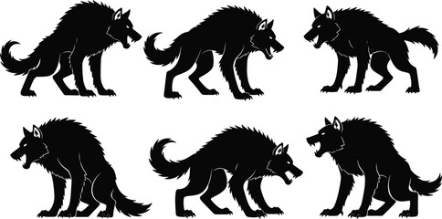 Vector illustration set of animal silhouettes including dog, horse, cat, elephant, lion, tiger, bear, cow, and wolf in black outline style