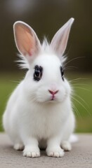 Obraz premium Adorable White Rabbit with Distinctive Black Markings Posing Outdoors.