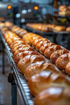 Rows of golden bread rolls are moving along a conveyor belt in a bakery. The scene captures the activity of baking early in the morning. Workers may be preparing for the day ahead