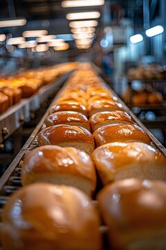 Baking rolls are lined up in a factory. Workers are busy in the background as the rolls cool on the metal trays. The setting is bright with lights above the production area