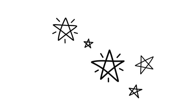 Simple set of five hand-drawn sparkling stars in a black doodle sketch style, isolated on a clean white background.