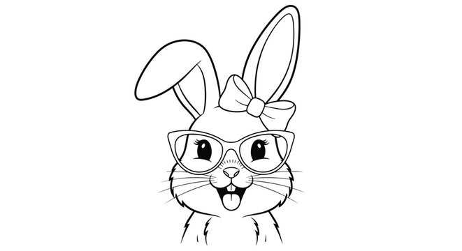 Cute and nerdy bunny character face shown as a line art illustration for coloring, featuring a bow and large, stylish eyeglasses.
