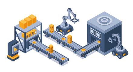 Obraz premium Automated production line with robotic arms and conveyor belts in a factory setting