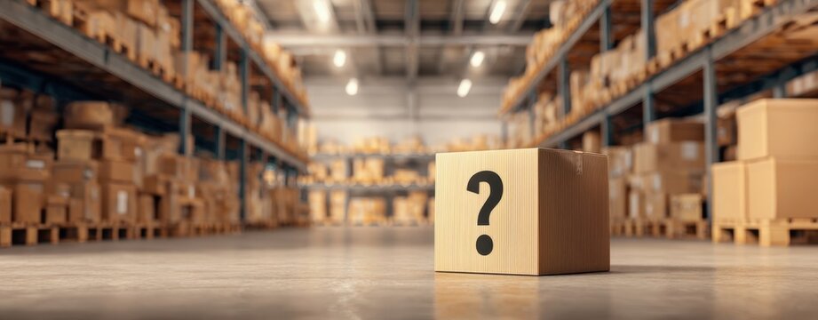 The Box with Question Mark in a Vast Warehouse Aisle Symbolizing Logistics Uncertainty