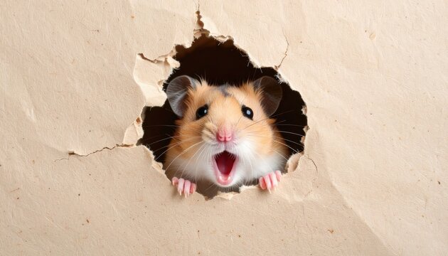 Surprised Syrian hamster peering through a ripped cardboard paper hole curiously