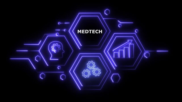 Futuristic MedTech healthcare innovation logo with glowing blue neon hexagons and digital network concept for medical technology and AI