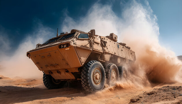 Armored military vehicle 8x8 wheeled BTR driving offroad in sand desert