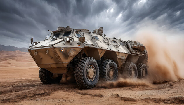 Armored military vehicle 8x8 wheeled BTR driving offroad in sand desert