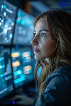 A woman sits focused at her desk, looking at multiple computer screens. Bright data displays light up the dark room. It is evening and she is engaged in her work
