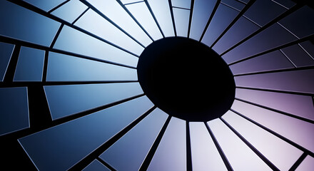 Naklejka premium Abstract digital background with radial geometric pattern of reflective blue and purple slices forming a circle