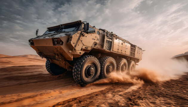 Armored military vehicle 8x8 wheeled BTR driving offroad in sand desert