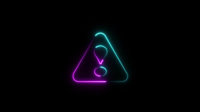 Glowing neon line Exclamation mark in triangle icon isolated on black background. Hazard warning sign, careful, attention, danger warning important sign. 4K Video.