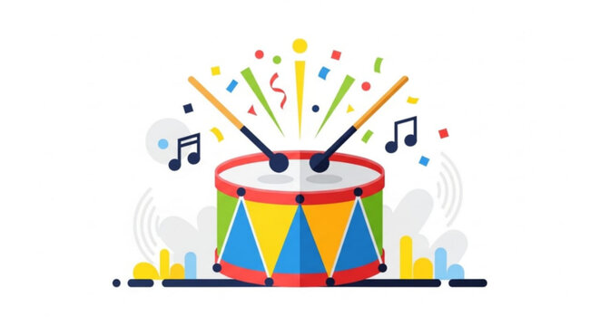 Colorful drum with vibrant music notes and confetti celebrating a lively party atmosphere with energetic rhythm