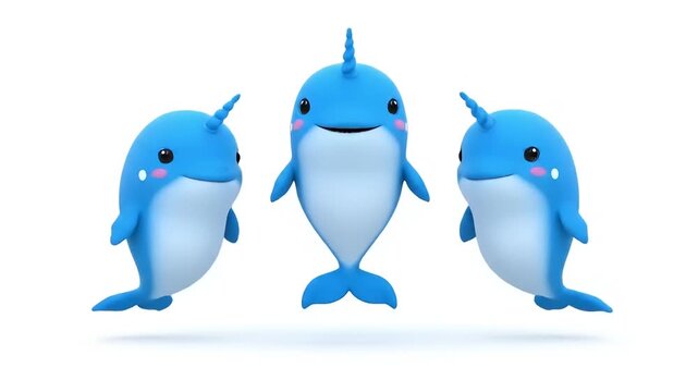 Cartoon narwhals in 3D render, swimming and smiling cheerfully, cute and vibrant, set on a white background. Perfect for children's content.