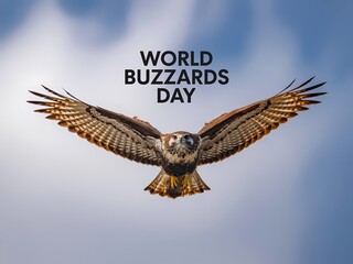 Obraz premium A brown and white bird of prey soars through a blue sky with white clouds on world buzzards day