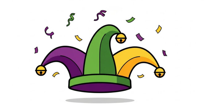 Jester's hat with colorful confetti festive jester hat with purple green and yellow colors celebration symbol