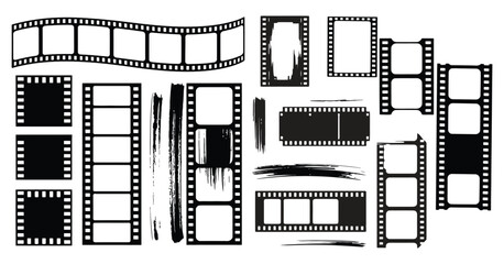 Film Strip Frame Set with Sprocket Borders and Grunge Texture, Vintage Cinema Collage Templates, Analog Negative Frames for Photography Layouts and Retro Storyboard Design, Isolated Vector Collection