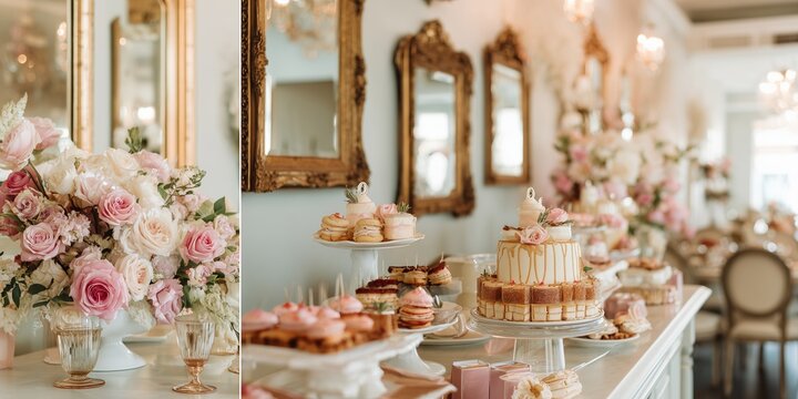 French cafe-inspired party decor with vintage mirrors and pastries. Soft warm palette and romantic lighting create intimate ambiance.