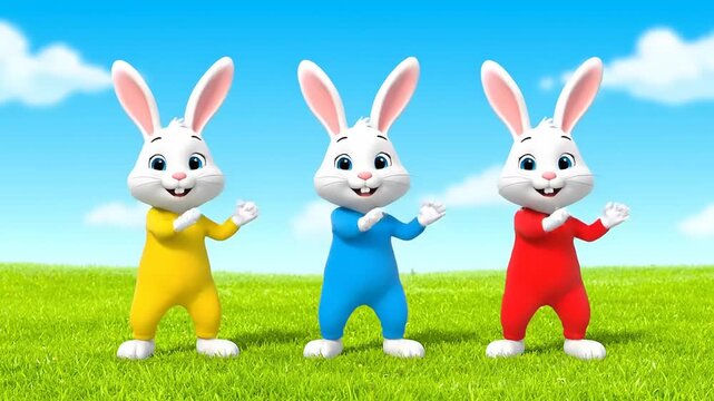 Three cute bunny characters dancing, computer generated 3D style on green grass against a blue sky. happy, fun, children, cartoonish, animation.