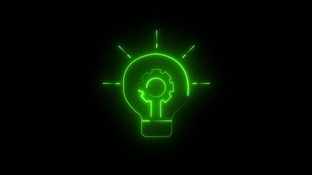 A glowing neon light bulb icon containing a gear, representing innovation, creativity, and mechanical ideas, set against a dark background.