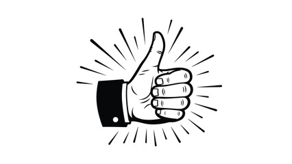 Black and white illustration of a hand giving a thumbs up gesture with radiant lines, representing approval and success.