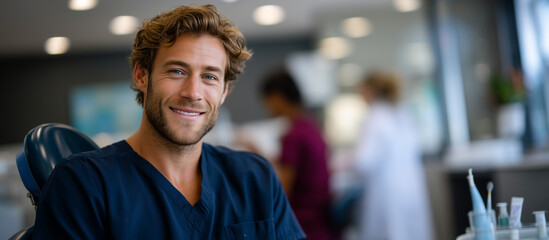 Fototapeta premium Young adult man sitting in a modern dental clinic during oral examination, relaxed expression, professional dentist consultation, bright medical interior, oral healthcare concept,