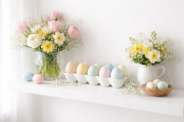 Pastel-colored Easter eggs arranged on a white shelf with delicate spring flowers in vases and a small basket, creating a light and festive decor.