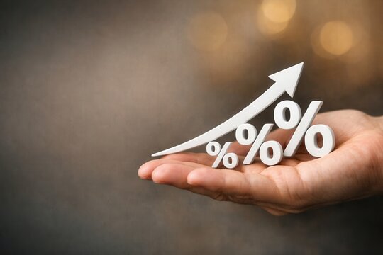 A hand holds increasing percentage symbols and an upward arrow, symbolizing growth, progress, or financial success.