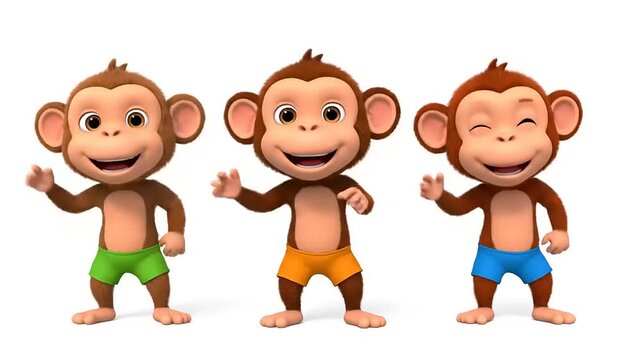 Three Cartoon Monkeys Dancing with Joy on a White Background. 3D Rendering with playful character and bright colors for children's animation.