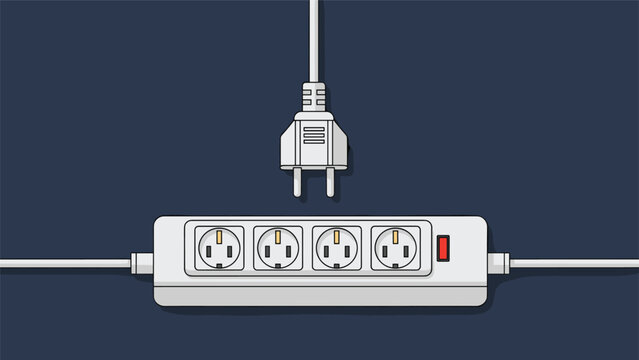 White electrical power strip with four sockets and a power switch is shown with an unplugged cord positioned directly above the outlet.