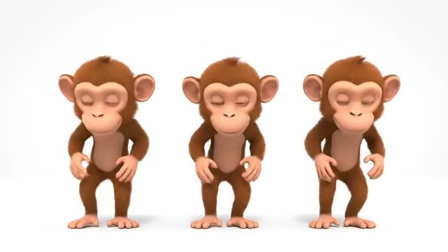 Three cartoon monkeys sleep standing up, funny adorable animation. 3D rendering on white background, studio shot for children and family content.