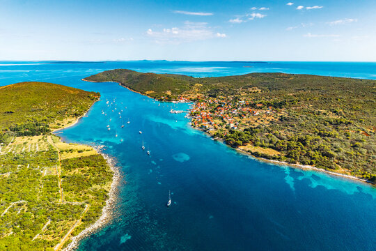 Aerial panorama of Ilovik village, Ilovik island, Croatia. Sailing destination, Mediterranean lifestyle, and summer holiday retreat
