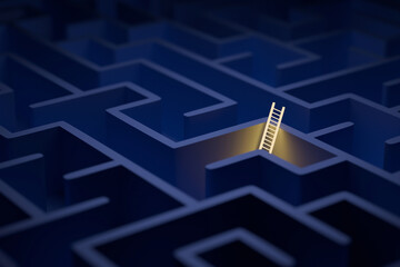 glowing wooden ladder rising out of a dark blue maze. A conceptual image symbolizing creative solutions, finding a way out, overcoming obstacles, business strategy, and hope © alones