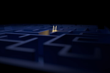 glowing ladder rising from a dark blue maze. Conceptual art for creative solutions, business strategy, overcoming obstacles, finding a way out, and hope in a complex situation © alones