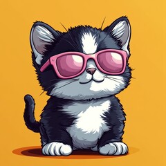 Cute cat wearing pink sunglasses on a bright yellow background