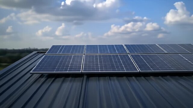 Solar panels on a corrugated metal roof under a partly cloudy sky
