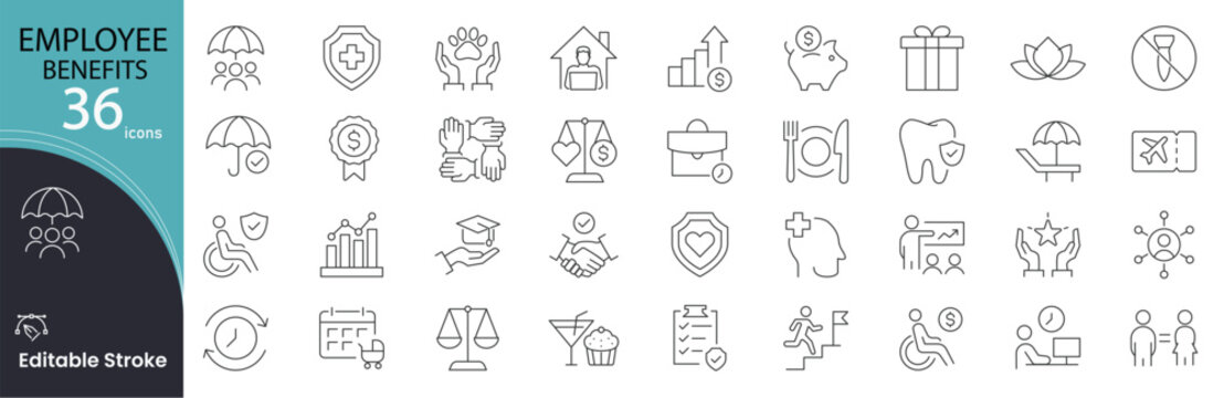 Employee Benefit icon set. Workplace  related line icons. health insurance, paid leave, retirement plan, bonus, wellness program, training, compensation, flexible hours and perks editable stroke.