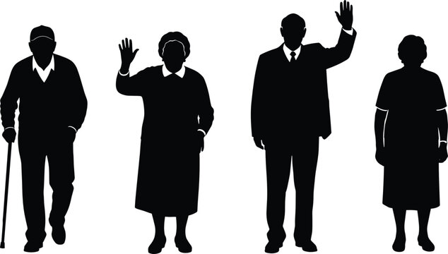 Senior men and women silhouettes waving and standing with cane isolated on white background vector illustration set