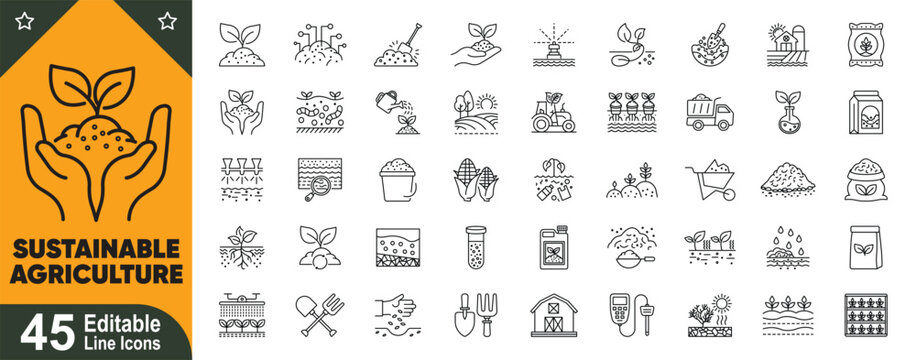 Sustainable agriculture and soil health line icons set. Organic farming, Eco, compost management, land conservation. Editable stroke vector collection.