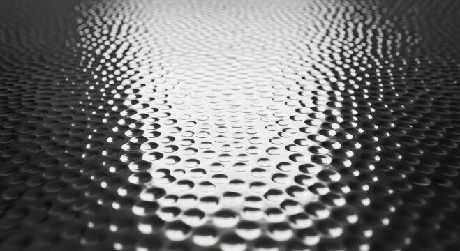 Hammered metal surface with countless tiny dents creating a dimpled texture, reflecting light in multiple directions like liquid mercury with soft highlights.