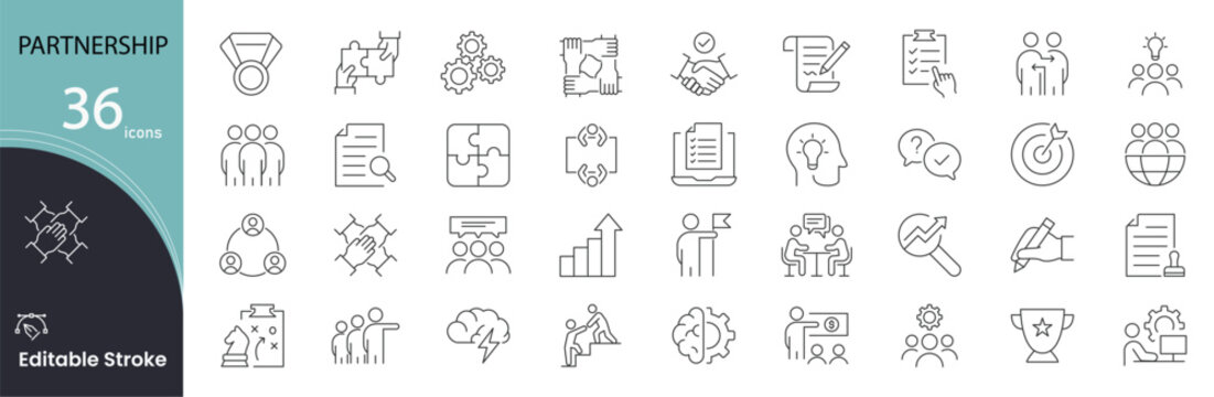 Partnership icon set. Business and collaboration related line icons  handshake, contract, teamwork, agreement, cooperation, support, alliance, deal, communication, strategy and more. Editable stroke. 