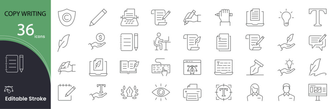 Copywriting icon set. Content creation and marketing related line icons: writing, keyboard, idea, text, SEO, advertising, blog, headline, editing, creativity and more. Editable stroke.